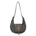 Bolso medialuna de lona gris oscuro con logo S dorado y elegantes borlas de cadena - Gris
