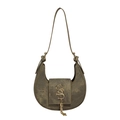 Bolso medialuna de mezclilla verde oliva con logotipo dorado y detalles de borlas - Caqui