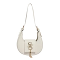 Bolso de media luna chic en cuero crema con logo dorado y detalle de borla elegante - Blanco