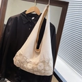 Large capacity canvas shoulder bag with floral crochet detail in cream - Off-white without Silk Scarf / Off White