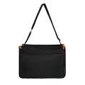 Black minimalist nylon messenger bag with adjustable strap and orange leather accents - Black
