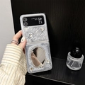 Silver marble phone case for Galaxy Z Flip with heart crystals and integrated makeup mirror - Matte Hard Shell - Silver Grey Drip Glue - Oval Mirror / Samsung ZFlip3