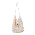 Elegante borsa tote in maglia con fiori 3D colorati e trama a griglia color beige - Stile Potenziato / Bianco Sporco Stile Potenziato (Con Fiori)