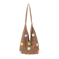 Borsa tote boho all'uncinetto marrone scuro con fiori colorati su sfondo bianco - Stile Potenziato / Cachi Potenziato