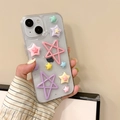Detailed view of a clear iPhone case decorated with colorful 3D stars and fine glitter - Hollow Colorful Star