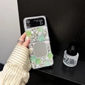 Detail of luxury rhinestone flower case for Samsung Z Flip with a round vanity mirror - Samsung ZFold3 / Matte Hard Case / Green