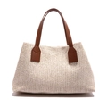 Elegant handmade woven straw tote bag with brown leather handles for casual spring style - White-Brown