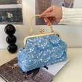 Retro light blue sequined evening bag with lace trim and ornate gold top handle - Blue