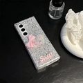 Detail of silver glitter phone case with pink bow and Sweet heart charm for Samsung Z Fold - Matte Hard Shell-Glitter Drip-Sweet Heart Quicksand-Silver / Samsung ZFlip3