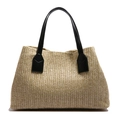 Handwoven straw tote bag with black faux leather handles for summer vacation - Yellow and Black