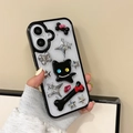 Detail van iPhone-hoesje met zwarte kat, 3D-sterren en strikbot op glitterachtergrond - Zwart Glitter Kat Bot Stijl / iPhone 7/8/SE 2020