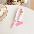 Detail of pink woven phone lanyard with heart fishbone charm and smiley face leather tag - Rose Red (Smile Lanyard + Gradient Fishbone) / Rose Red