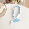 Detailed view of sky blue braided phone lanyard with fishbone charm and smiley face tag - Blue (Smile Lanyard + Gradient Fishbone) / Blue