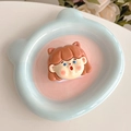 Detail of cute resin girl figurine with mirror on a blue ceramic bear-shaped tray - Brown Hair with Bangs Vivid Expression (Girl No. 5)