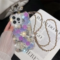 Macro view of luxury iPhone case with 3D purple flowers, rhinestones and perfume bottle cap - iPhone 7/8/SE 2020 / Purple