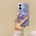 Detail of purple glitter iPhone case featuring a 3D fabric bow and sweet lettering - Purple