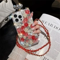 Luxury iPhone case in perfume bottle shape with rhinestone roses and leather chain strap - iPhone 7/8/SE 2020 / Red
