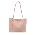 Pink jacquard tote bag with butterfly appliques and braided shoulder straps on white background - Pink