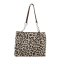 Große Shopper-Tasche mit Leopardenmuster aus Cord, braunen Ledergriffen und Metallkette - Weiß (Leopard)