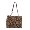 Leopard-Tragetasche mit Cord-Struktur und silbernen Ketten-Trageriemen - Khaki (Leopard)