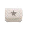 White quilted PU leather crossbody bag with sparkling rhinestone star buckle and chain strap - White
