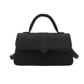 Minimalist black leather crossbody handbag with handle and flap closure on white background - Black