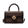 Brown vintage floral square handbag with woven handle and gold flower clasp - Coffee