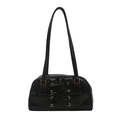 Black corset-style bowling bag with lace-up detail and gold hardware on white background - Black