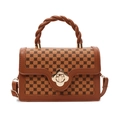 Brown monogram small square bag with woven handle and golden floral clasp - Brown