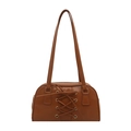 Caramel brown faux leather Boston bag with retro lace-up design and shoulder strap - Brown