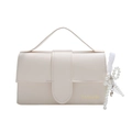 Chic beige crossbody square bag with pearl bow charm and fashion gold lettering - With Ornament / White