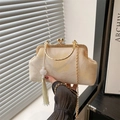 Retro beige floral jacquard frame bag with golden handle and long tassel charm - White