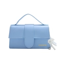 Light blue candy color small square handbag with gold logo and pearl charm accessory - With Ornament / Blue