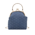Sac à main en jean bleu à pois avec poignée ronde dorée unique vu de face - Bleu