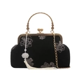 Borsa vintage a fiori con chiusura dorata, catena lunga e nappa bianca decorativa - Nero