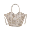 Elegante cremeweiße Leder-Beuteltasche mit grauen und gelben Blumenstickereien - Weiß
