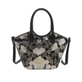Schwarze Canvas-Beuteltasche mit Blumenstickerei und Ledergriffen - Schwarz