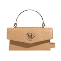 Fashionable woven crossbody bag in light khaki with gold M logo and metallic handle - Khaki