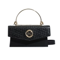 French style black woven flap bag with a large gold ring handle and M-logo decoration - Black