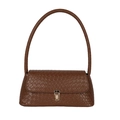 Elegant brown woven leather baguette bag with a gold clasp and long shoulder strap - Brown