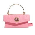 Pink flap handbag with woven texture, round gold handle and chain strap for women - Pink