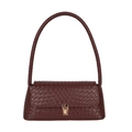 Dark brown woven texture baguette bag with golden metal clasp and shoulder strap - Red
