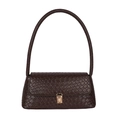 Dark brown woven texture baguette bag with golden buckle and sleek shoulder strap - Brown