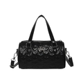 Black heart-quilted cylinder handbag with top handle and silver bow detail - Black