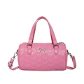 Pink heart quilted barrel handbag with silver bow detail and adjustable shoulder strap - Pink
