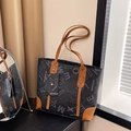 Retro letter print tote bag with brown straps and detachable small pouch in soft natural light - Black