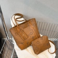 Brown vintage letter tote bag set with matching pouch and large capacity shoulder strap - Brown