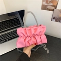 Sweet pink ruched handbag with sparkling rhinestone handle and silver chain strap - Pink