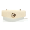 Schicke beige Webklappe und weiße Leder-Umhängetasche mit Goldkette und M-Logo - Weiß