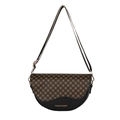 Vintage Satteltasche mit braunem geometrischem Muster und breitem Streifengurt - Schwarzer Klee-Stil